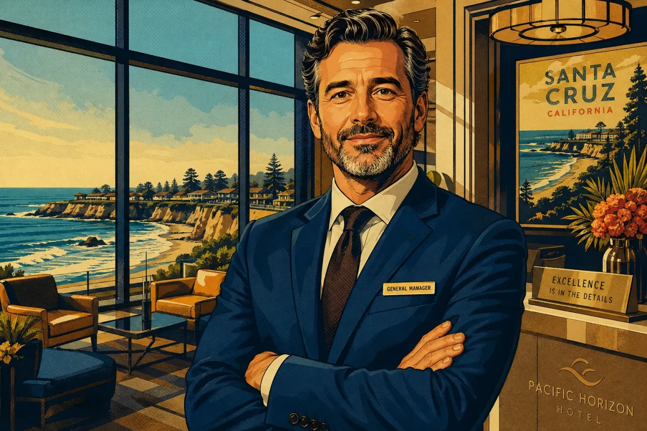 Hotelier Markus Krebs vor der Pazifikküste in Santa Cruz, Blick auf die Monterey Bay