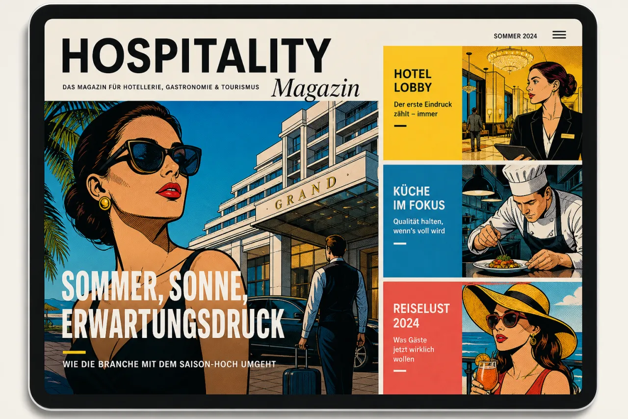 E-Paper auf Tablet mit Hotel- und Gastronomie-Themen zur Sommersaison