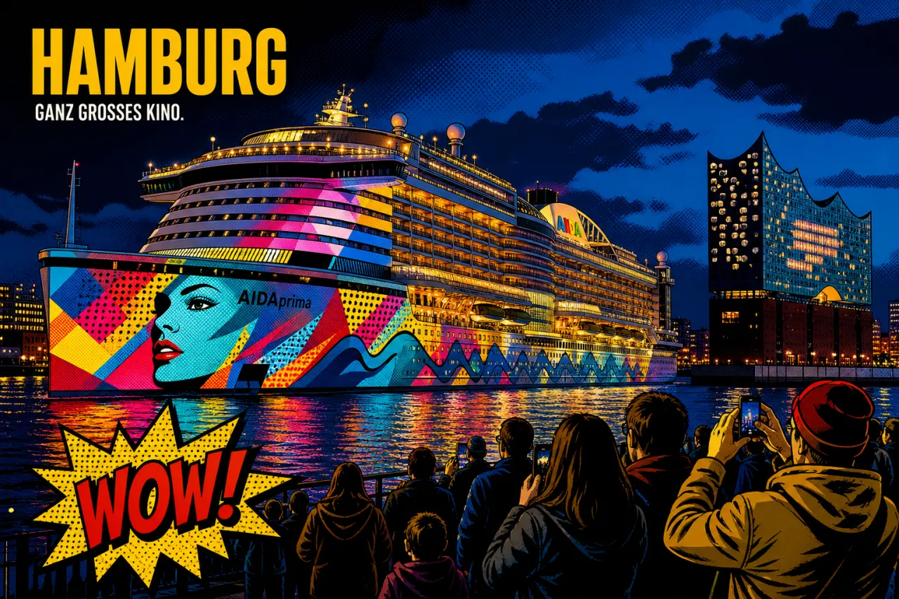 AIDAperla beim Hafengeburtstag: Lichtshow auf der Elbe