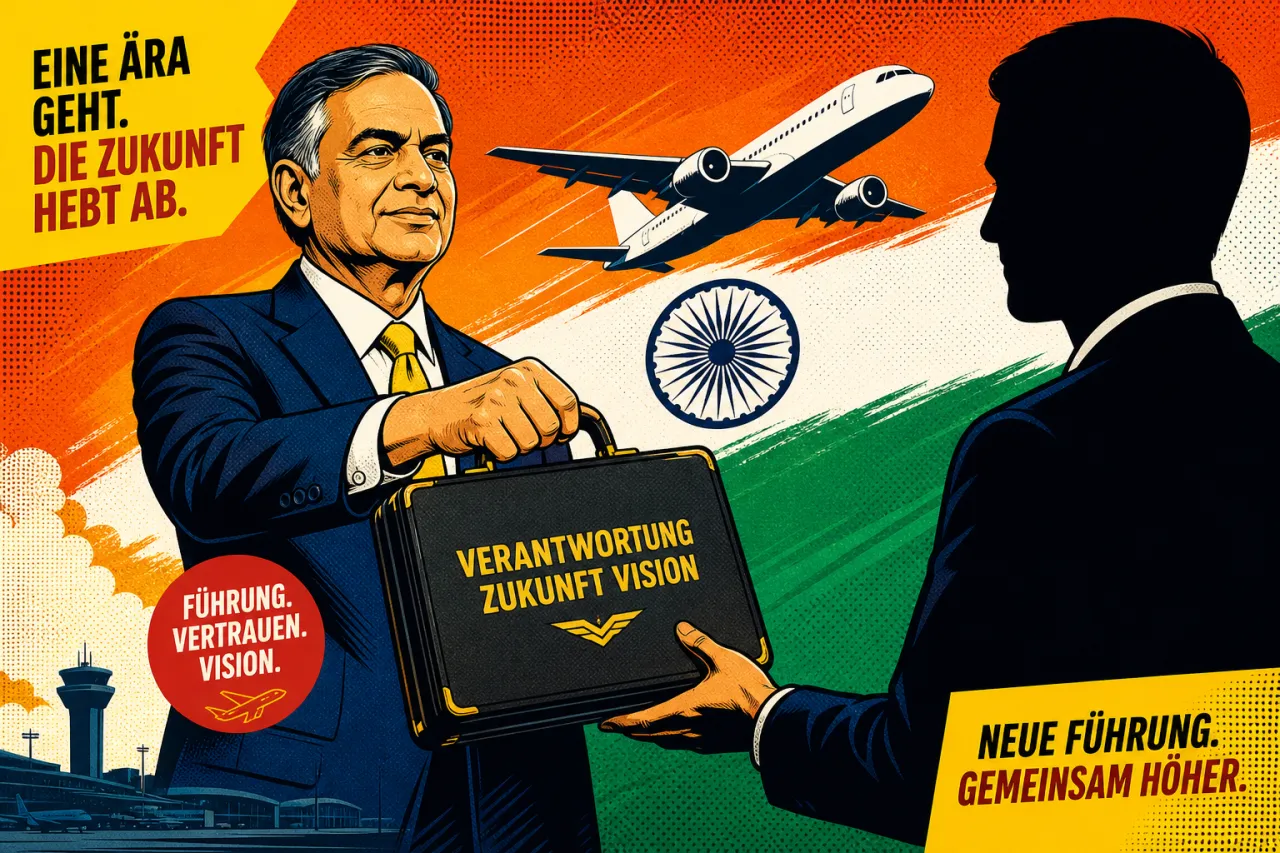 Illustration: Mann im blauen Anzug mit gelblicher Krawatte übergibt Aktentasche an Silhouette eines anderen Mannes. Im Hintergrund Flugzeug, indische Flagge und Flughafen. Deutsche Texte über Ära, Zukunft und Führungswechsel.