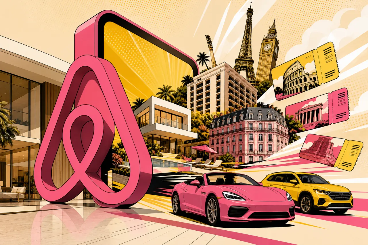Airbnb-Logo umgeben von Hotel, Mietwagen und Erlebnis-Icons – symbolische Darstellung der OTA-Expansion