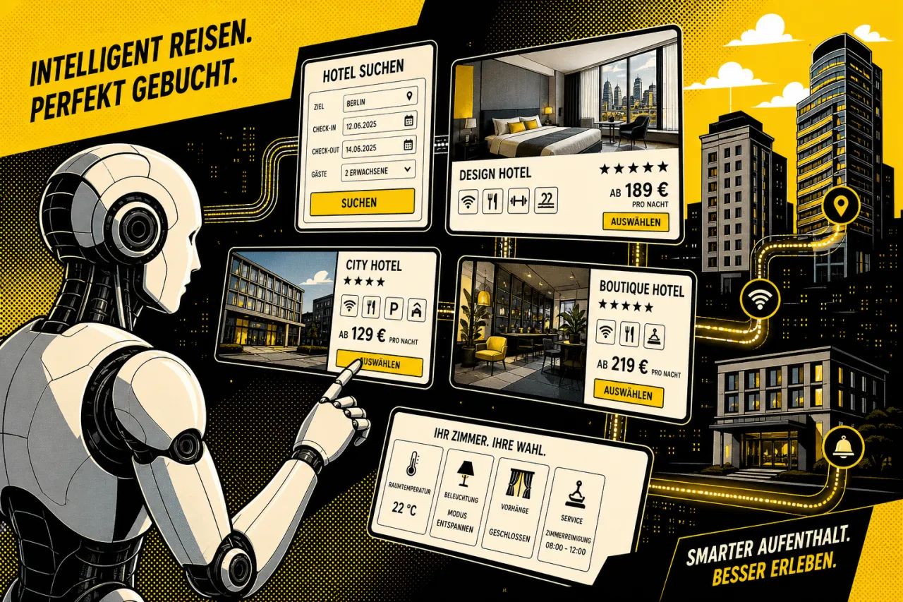 KI-Agent analysiert auf digitalen Screens Hotelangebote — symbolisch für den B2A-Buchungsfunnel der Zukunft