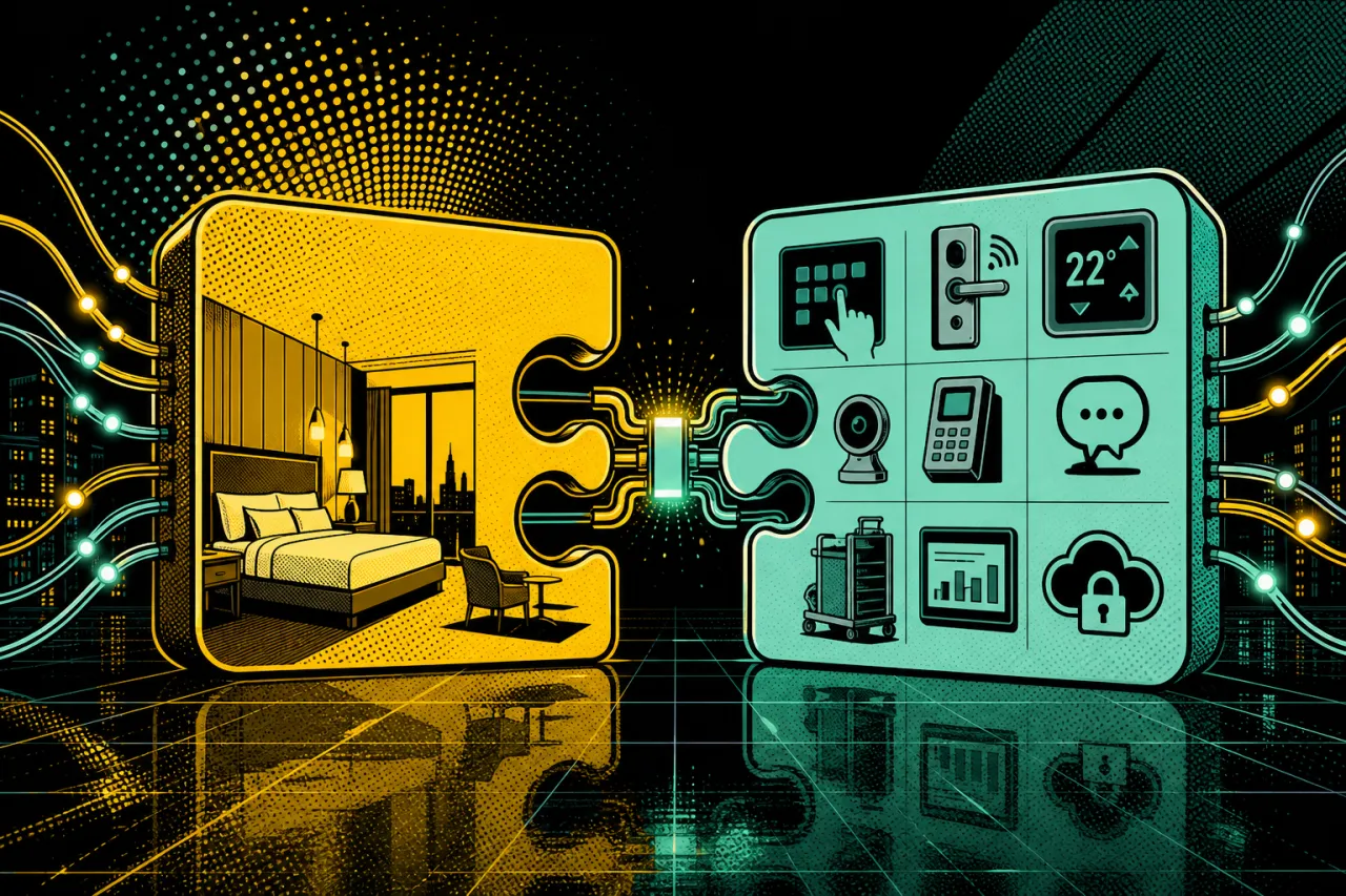 Zwei Technologie-Architektur-Modelle für Hotels im Vergleich: Best-of-Breed-Stack gegen integrierte Suite, verbunden durch API-Schnittstellen