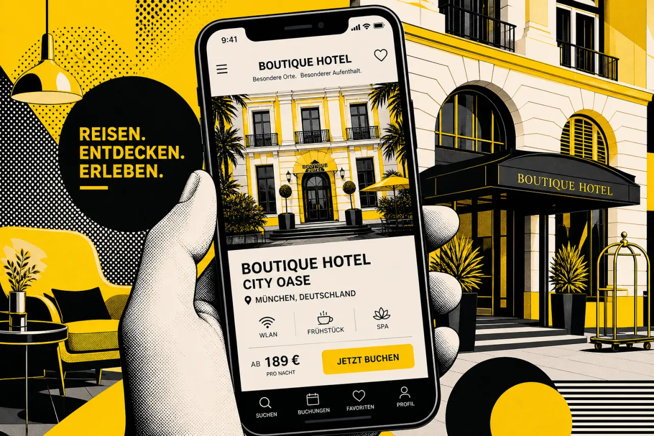 Smartphone mit Hotelapp-Interface, Boutique-Hotel-Fassade auf dem Bildschirm, moderne Illustrationsoptik