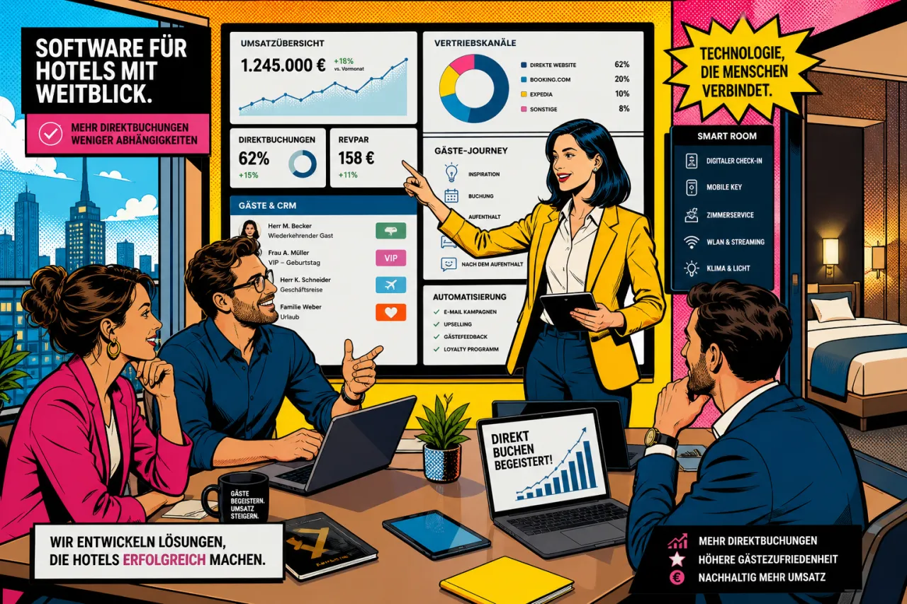 Hotel-Tech-Team diskutiert vor einem Dashboard über Umsatz, CRM und Direktbuchungen