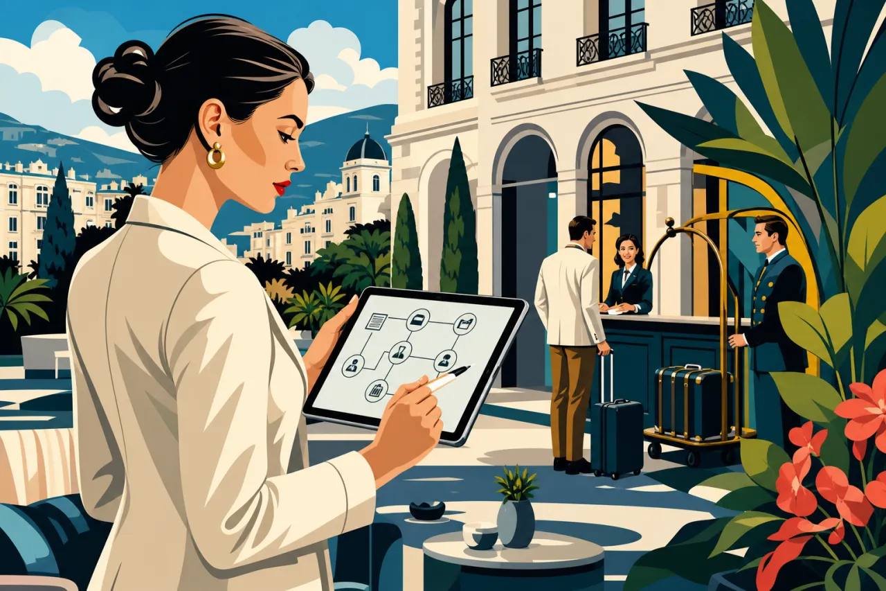 Frau in elegantem Hotelumfeld mit Notizblock bei einer Qualitätsprüfung