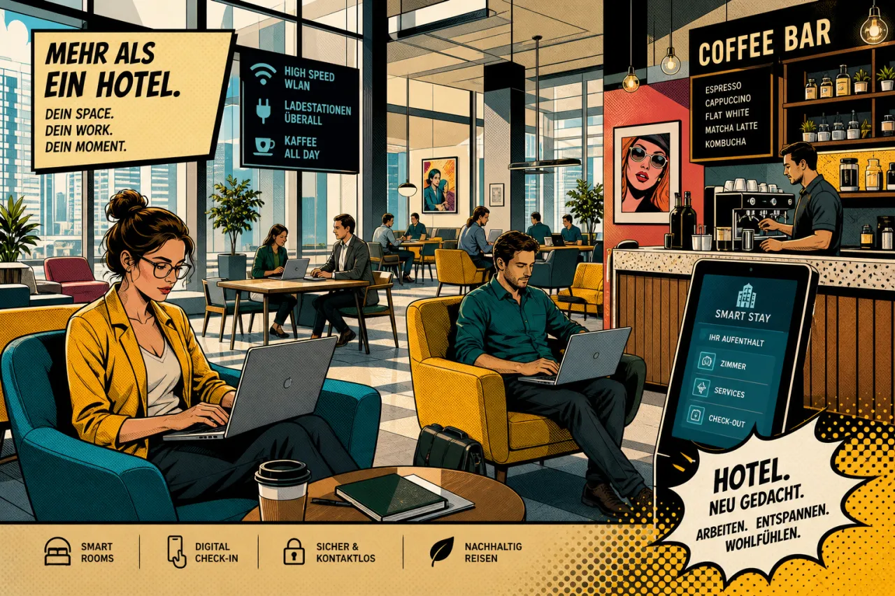 Laptop-Nutzer sitzen in einer modernen Hotel-Lobby mit Tageslicht und Kaffee