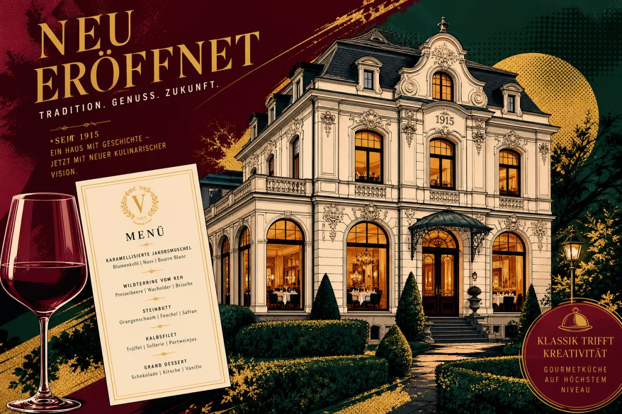 Gründerzeitliche Villa Biberach mit eleganter Fassade, abendlich beleuchtet, umgeben von Hecken. Links Menükarte und Rotwein, rechts Logo mit Aufschrift "Klassik trifft Kreativität".