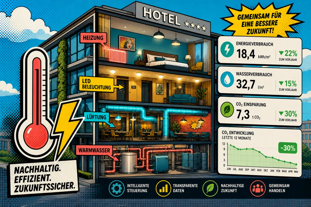 Energieeffizientes Hotelzimmer mit smartem Thermostat und LED-Beleuchtung