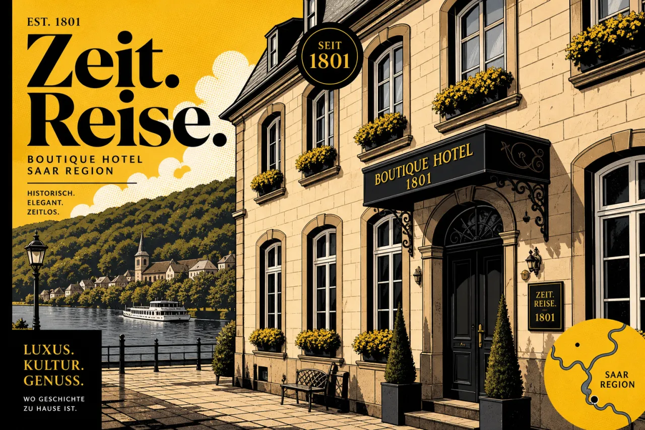 Historische Hotelfassade eines kleinen Boutiquehotels in der Saar-Region, Naturstein, gepflegte Außenanlage