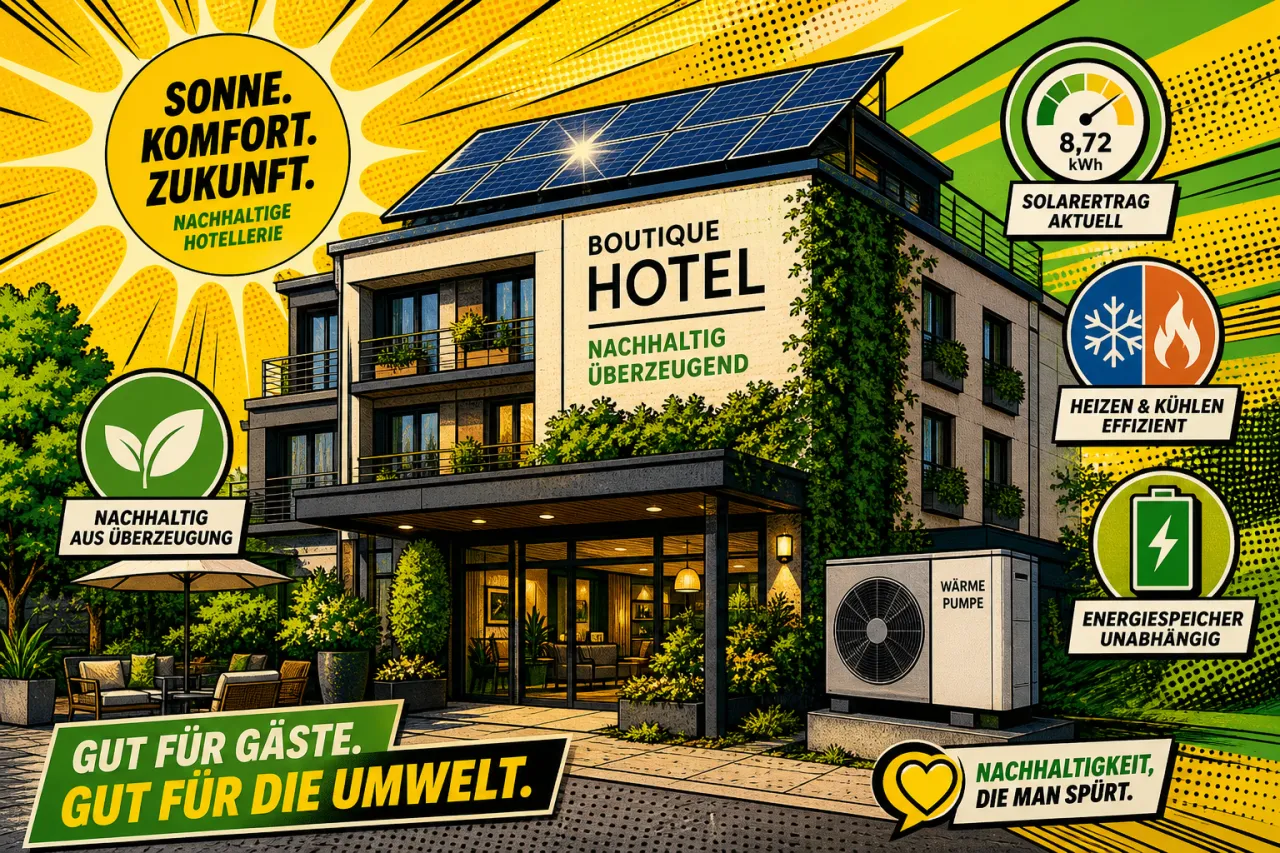 Hoteldach mit Photovoltaik-Modulen und einer Wärmepumpe