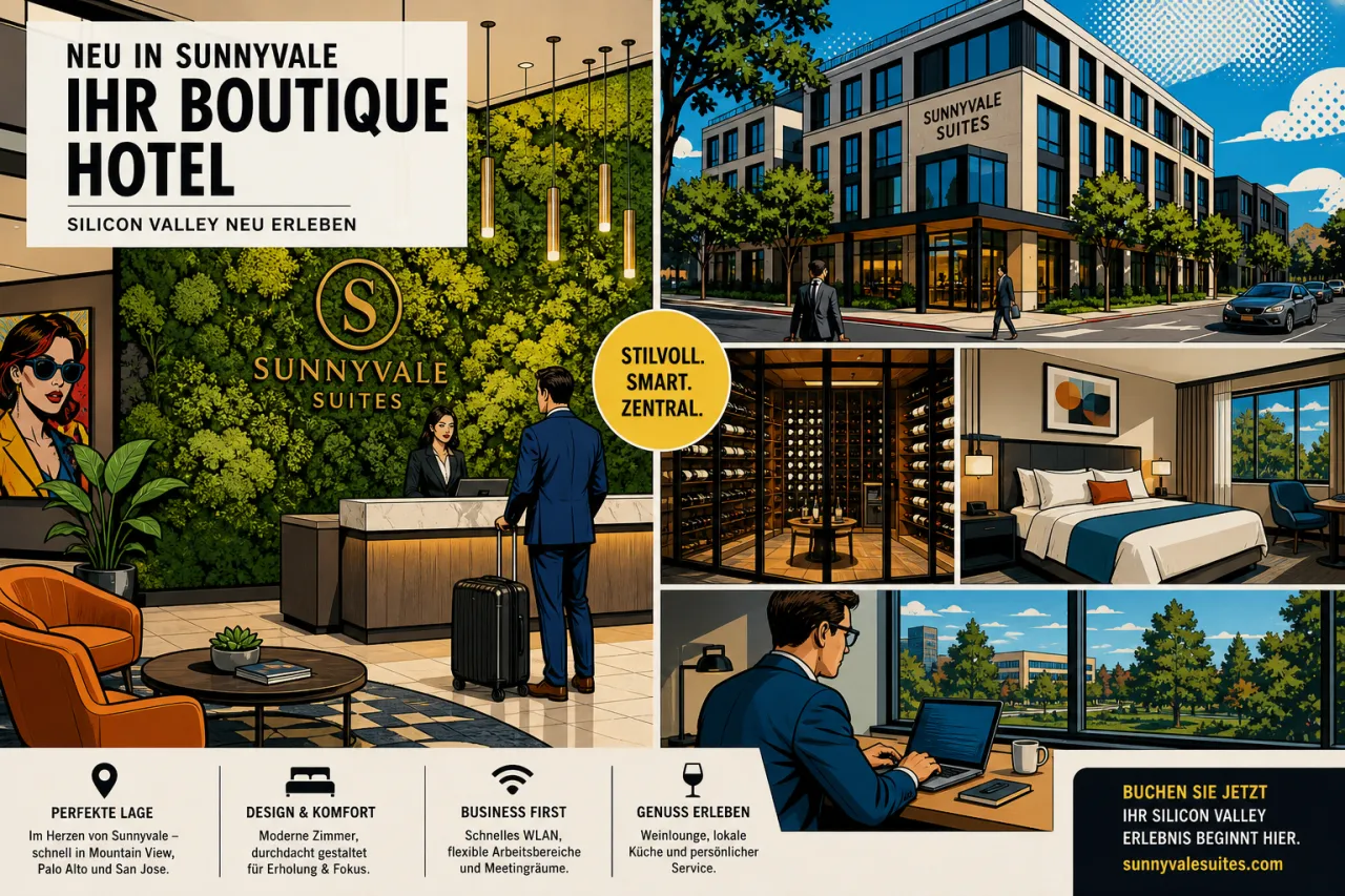 Modernes Hotelinterieur mit Mooswand, Kunstwerken und Glas-Weinkeller in Sunnyvale