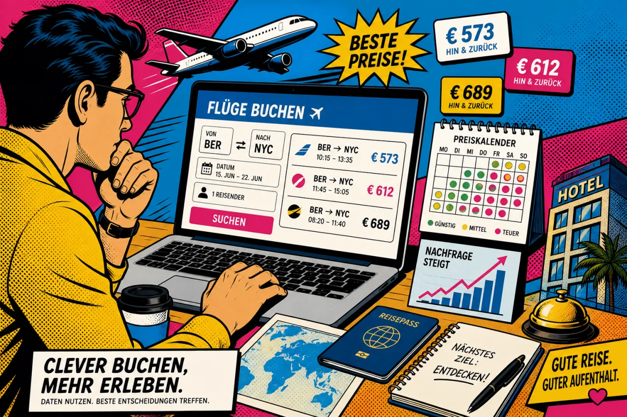 Reisende schauen auf eine Flugbuchung am Laptop mit Kalender und Preisanzeige