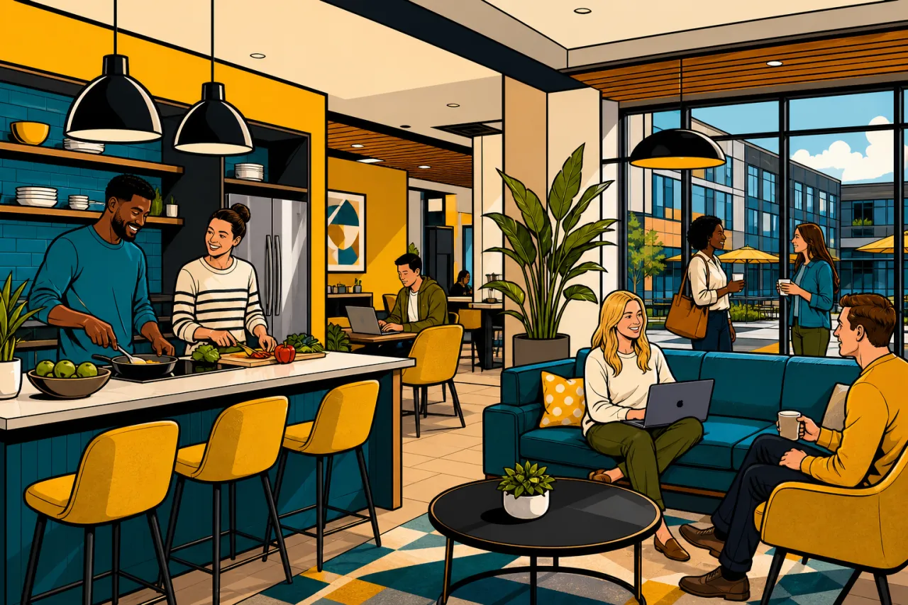 Helles Gemeinschafts-Lounge-Areal eines Extended-Stay-Hotels mit Küchenzeile, Arbeitsplätzen und Gästen im Gespräch