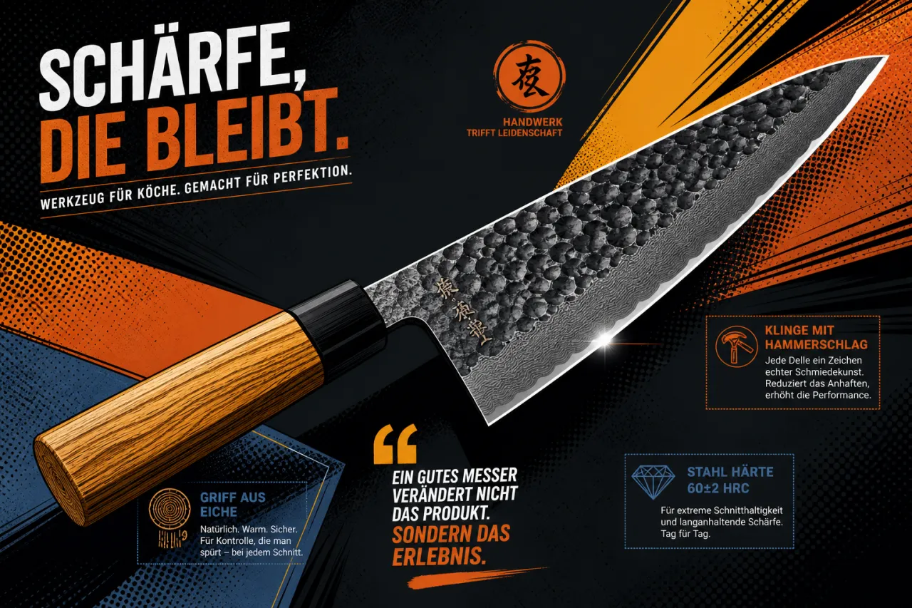 F. DICK DarkNitro Kochmesser mit gehämmerter Stahlklinge, Eichenholzgriff und schwarzer Zwinge, detaillierte Produktdarstellung mit Textinformationen zu Handwerk und Stahlhärte