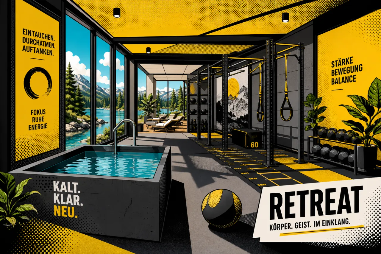 Moderner Hotel-Fitnessraum mit Freihanteln, Functional-Training-Zone und großen Fensterfronten