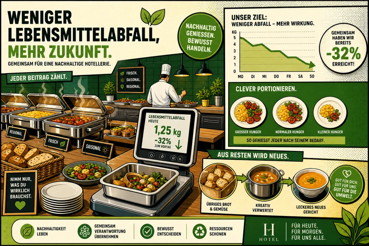 Hotel-Frühstücksbuffet mit Fokus auf die Vermeidung von Lebensmittelabfall