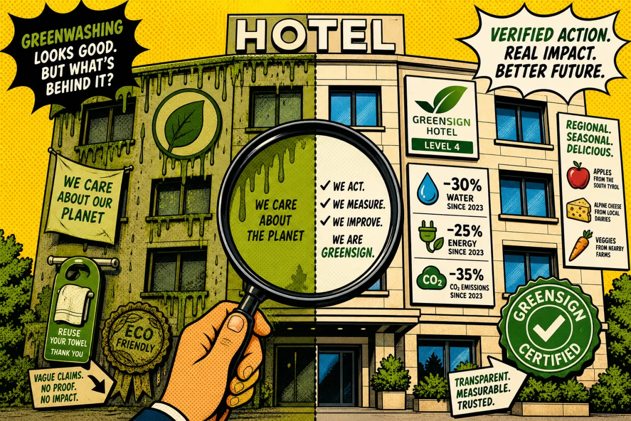 Hotelfassade mit abblätternder grüner Farbe als Greenwashing-Symbol