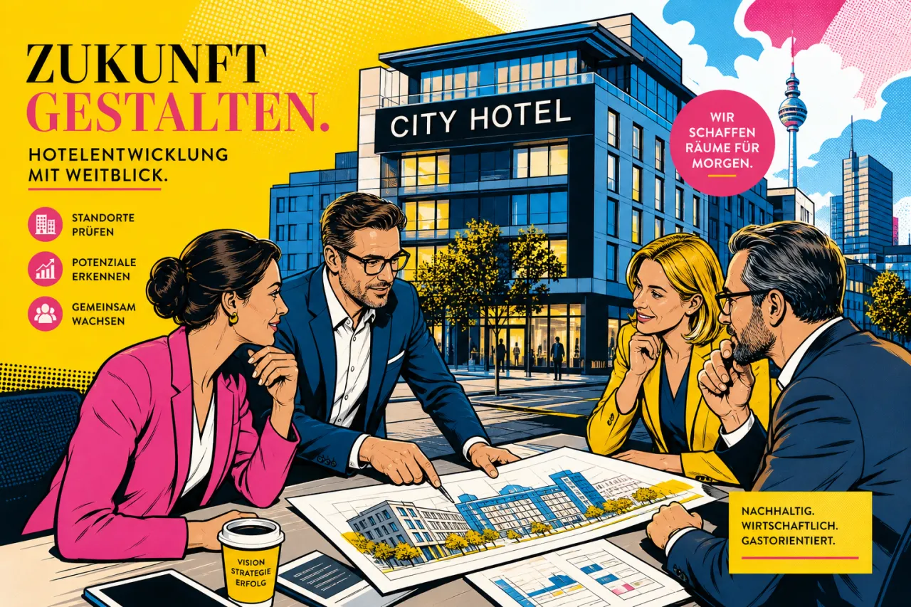 Mann im Anzug betrachtet Hotelentwicklungspläne vor einer modernen Stadthotelfassade