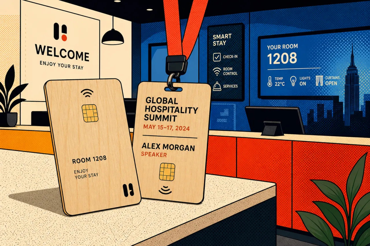 Holz-Badge als Hotelkarte und Konferenzausweis in einem