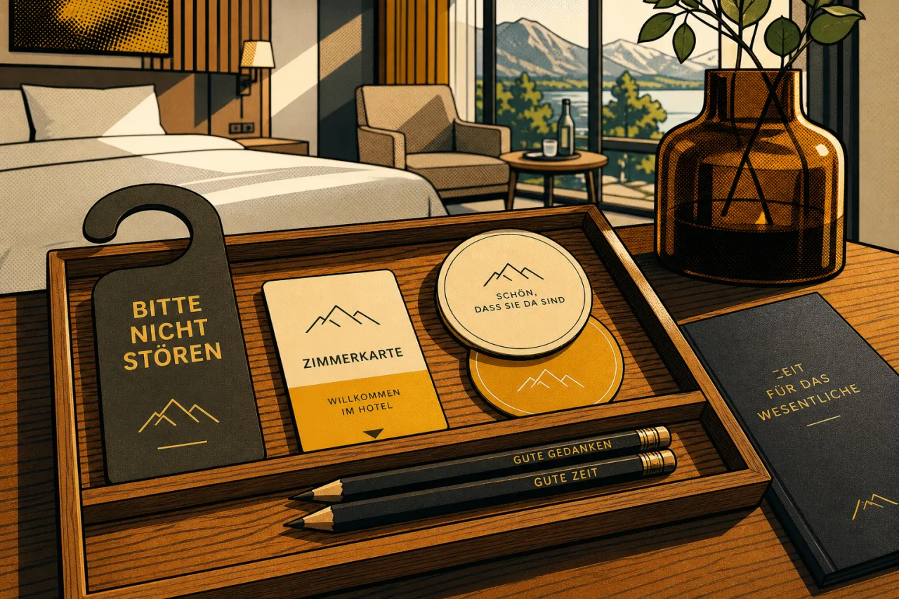 Holztablett mit Untersetzer, Schlüsselkarte und Notizblock auf einer Hotelkommode aus Eichenholz