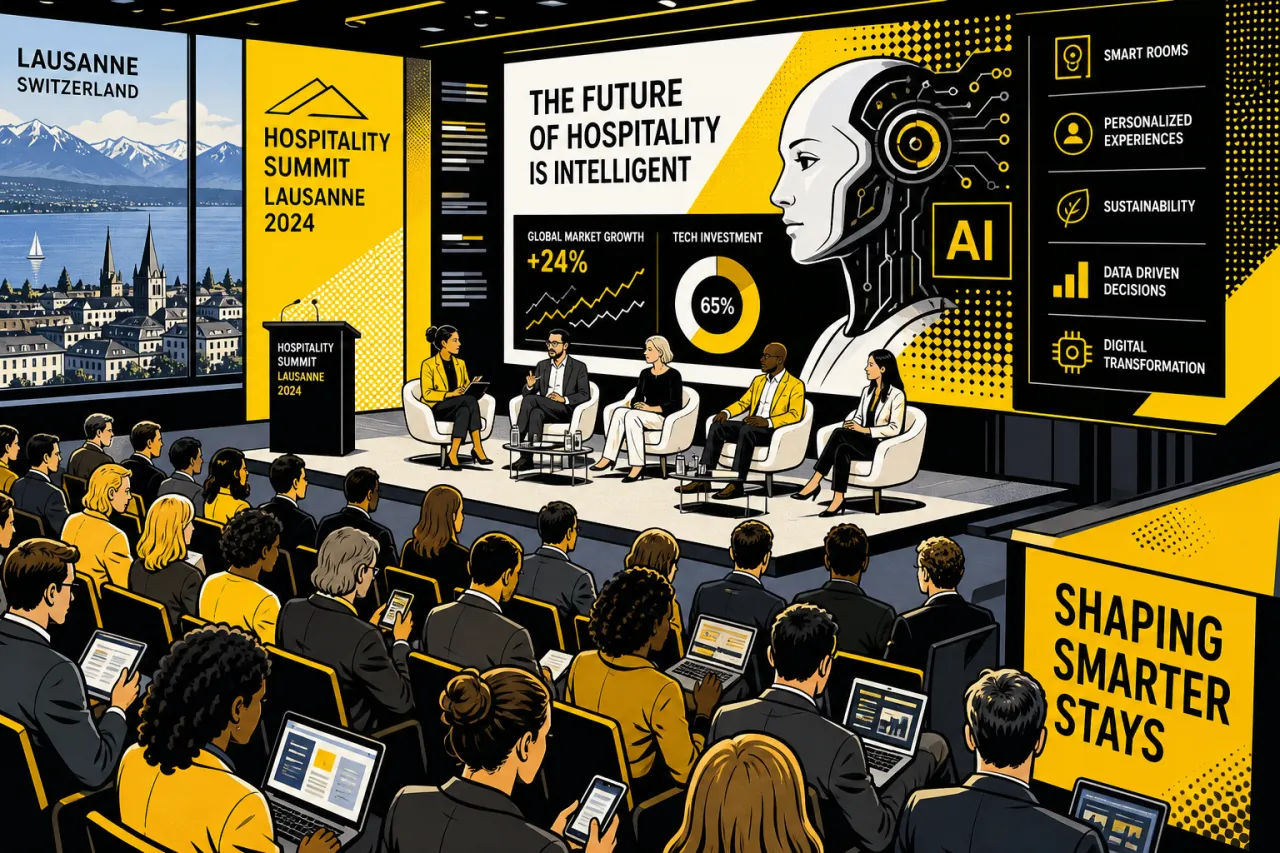 Konferenzsaal des HumanX Summit 2026 an der EHL Lausanne mit Führungskräften aus Hotellerie und Tech auf der Bühne