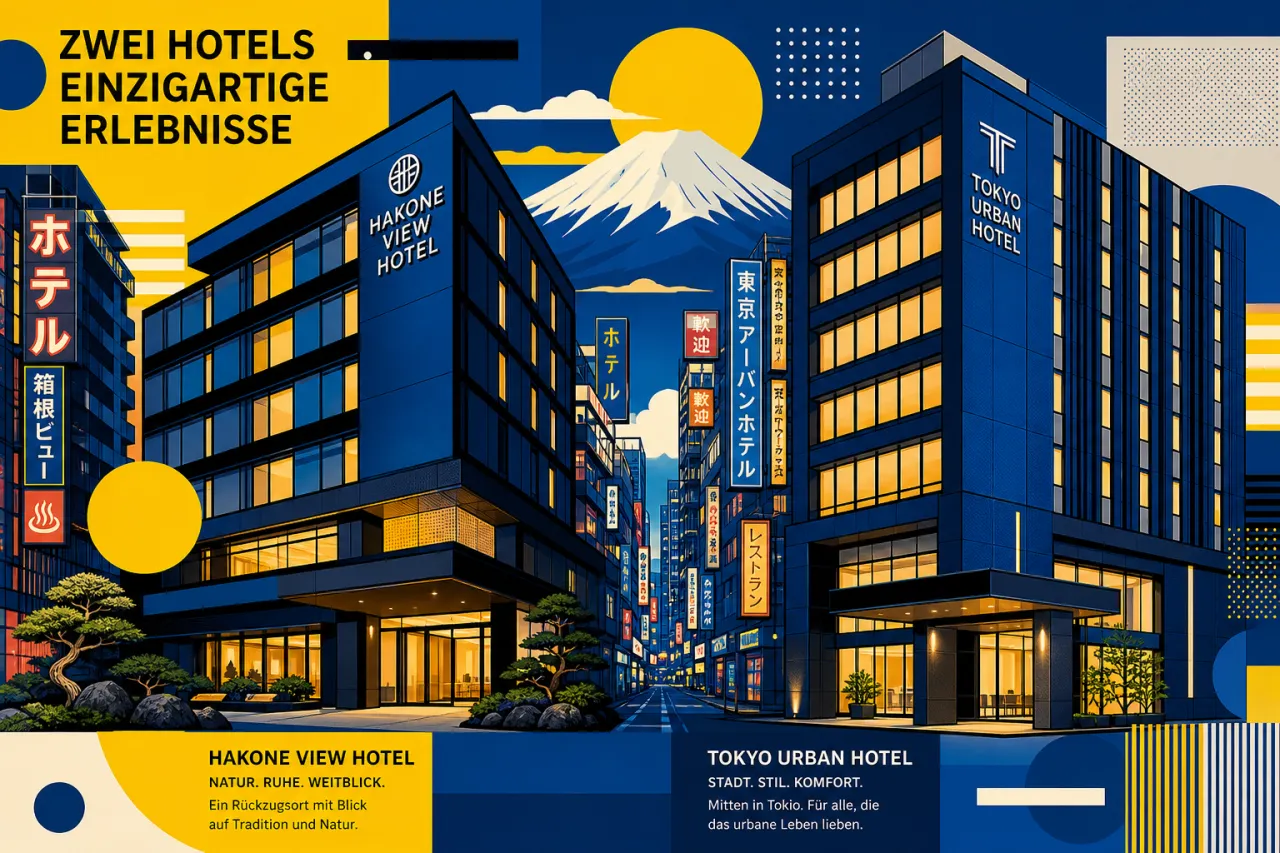 Zwei moderne Hotelgebäude in japanischen Mittelstädten, urbane Atmosphäre mit Bergkulisse