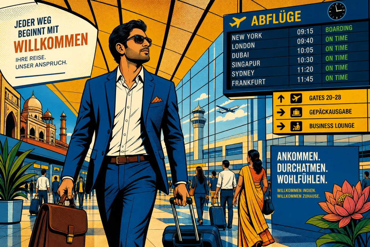Geschäftsreisender im modernen indischen Flughafen mit Aktenkoffer, Abflugtafel im Hintergrund