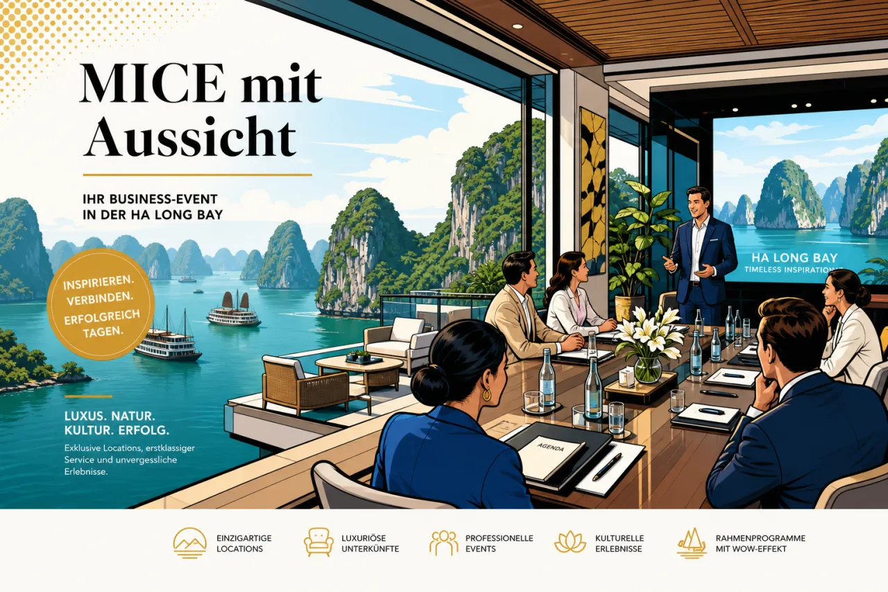 Blick auf ein Resort am Wasser mit Meeting-Gästen und grünen Kalksteinfelsen im Hintergrund