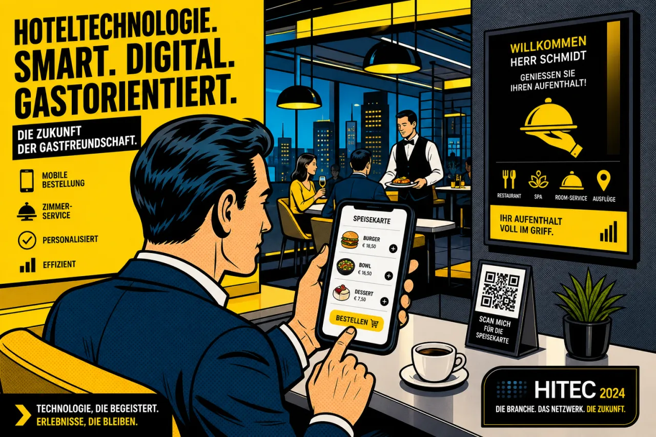 Hotelgast bestellt Speisen über mobile App auf Smartphone im modernen Hotelrestaurant