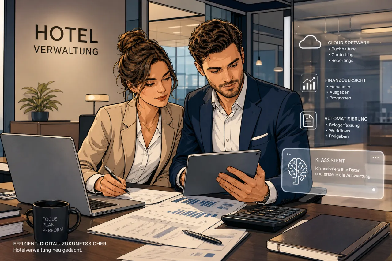 Laptop und Tablet auf einem Hotel-Desk mit digitalen Verwaltungsdaten