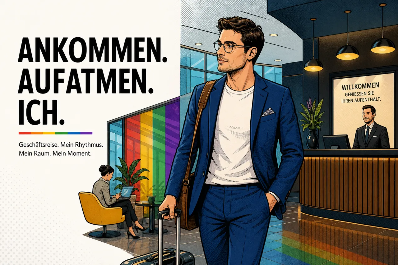 Eine Geschäftsreisende steht mit Rollkoffer in einer Hotellobby und schaut auf ihr Smartphone.