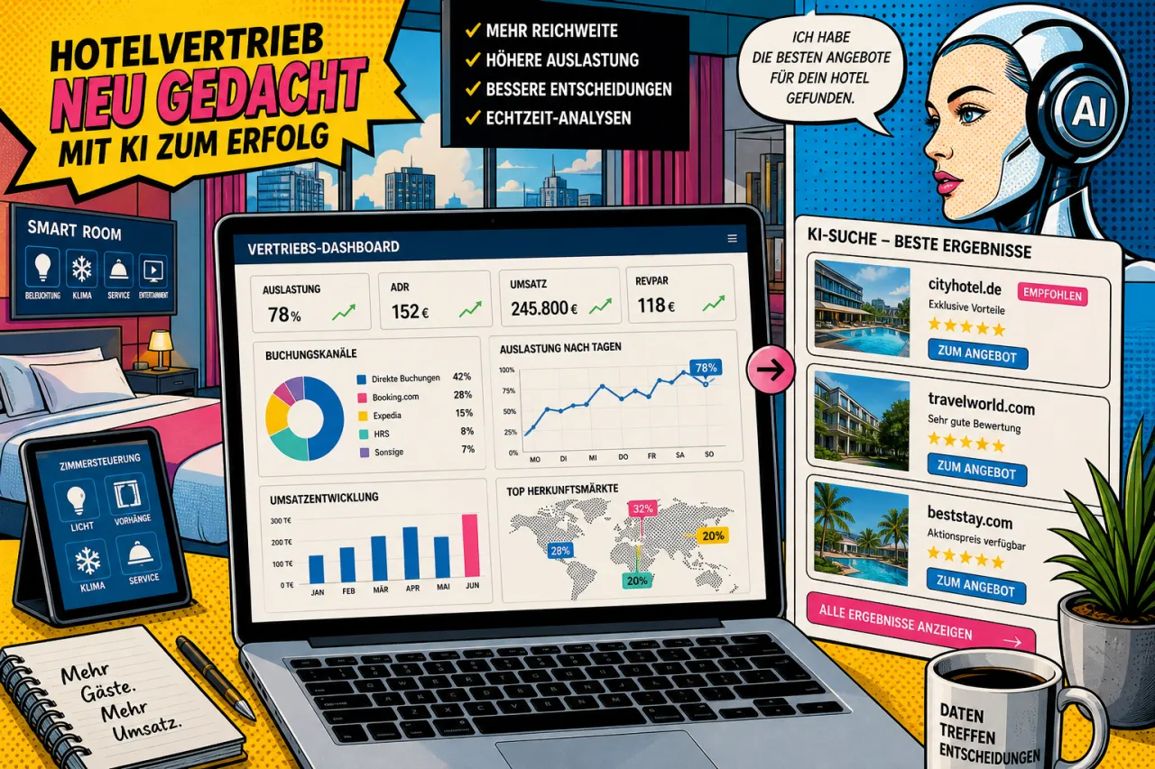 Laptop mit Hotel-Suche in einer KI-Oberfläche und Dashboard für Sichtbarkeit