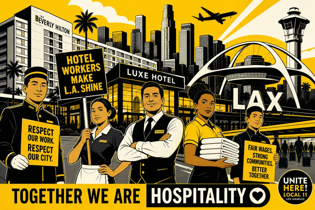 Los Angeles Skyline mit Hotelgebäuden, Arbeiter in Hotellerie-Uniformen, politische Abstimmungsszene