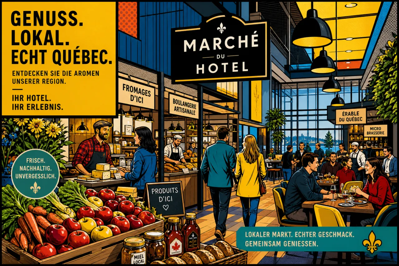Helle, moderne Food Hall in einem Luxushotel mit lokalen Produkten, Markttischen und Gemeinschaftssitzbereich