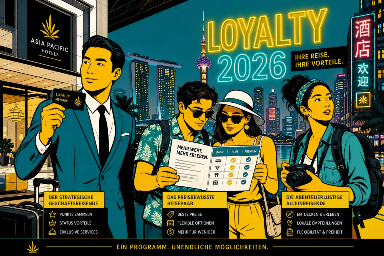 Drei verschiedene Hotelgäste mit Loyalty-Karte, Wertevergleich und Kamera vor asiatischer Stadtkulisse – symbolisch für die drei Loyalty-Typen im APEC-Raum