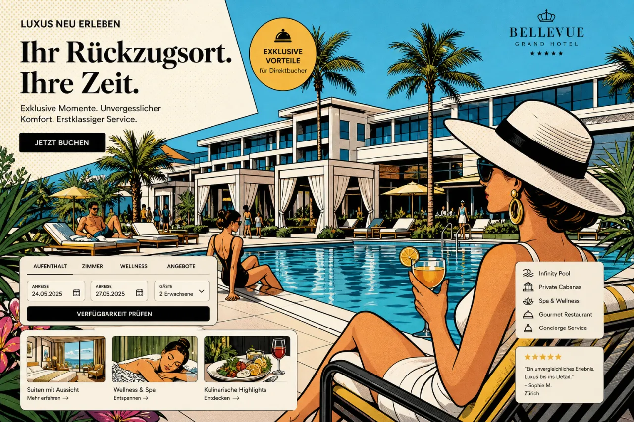 Hotelpool mit Liegen und Cabana, dazu Tagesgäste am Rand des Beckens