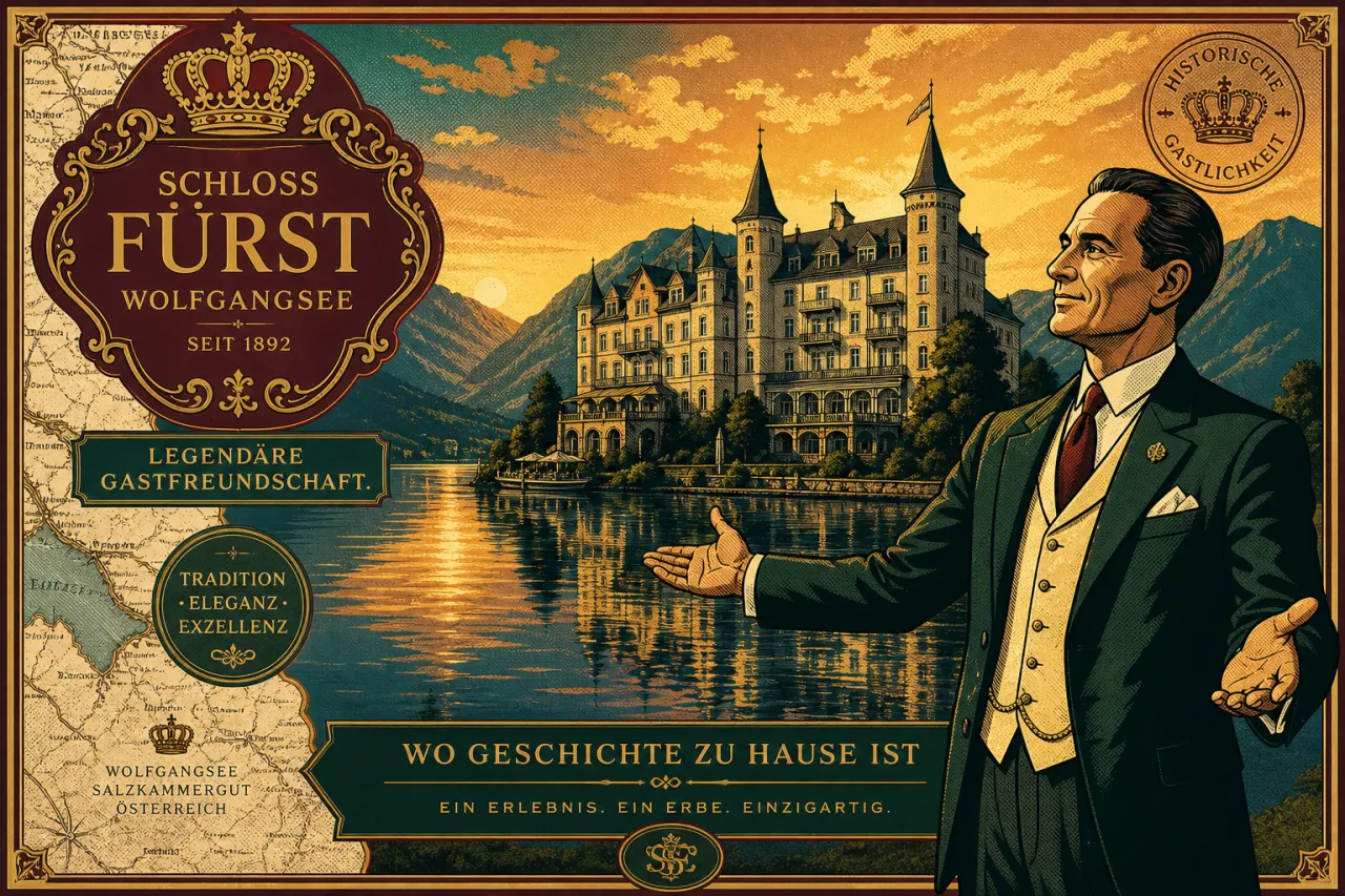 Illustration: Historisches Werbeplakat für Schloss Fürst am Wolfgangsee mit eleganter gekleideter Herr in grünem Anzug, prächtigem Schloss am See bei Sonnenuntergang, Landkarte und Ornamentelementen im Vintage-Stil