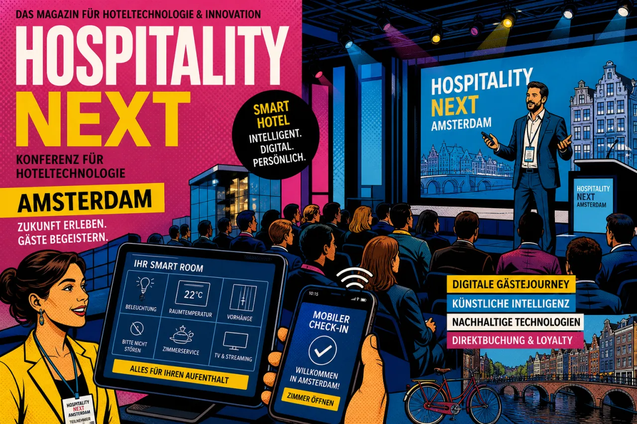Menschen bei einem Hotel-Tech-Event in Amsterdam mit Konferenzbühne und Badge-Lanyards