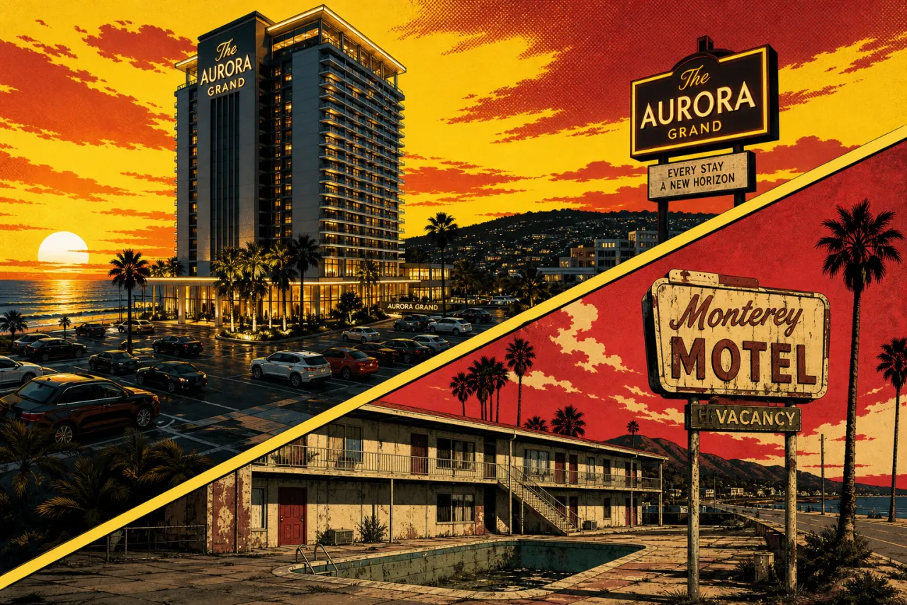 Strandhotels in Myrtle Beach, South Carolina – moderner Marken-Tower neben älterem Motel-Gebäude