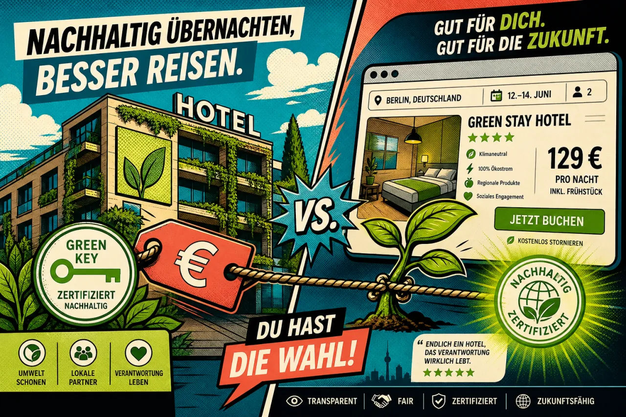 Reisende bucht ein umweltfreundliches Hotel per Smartphone mit grünem Siegel