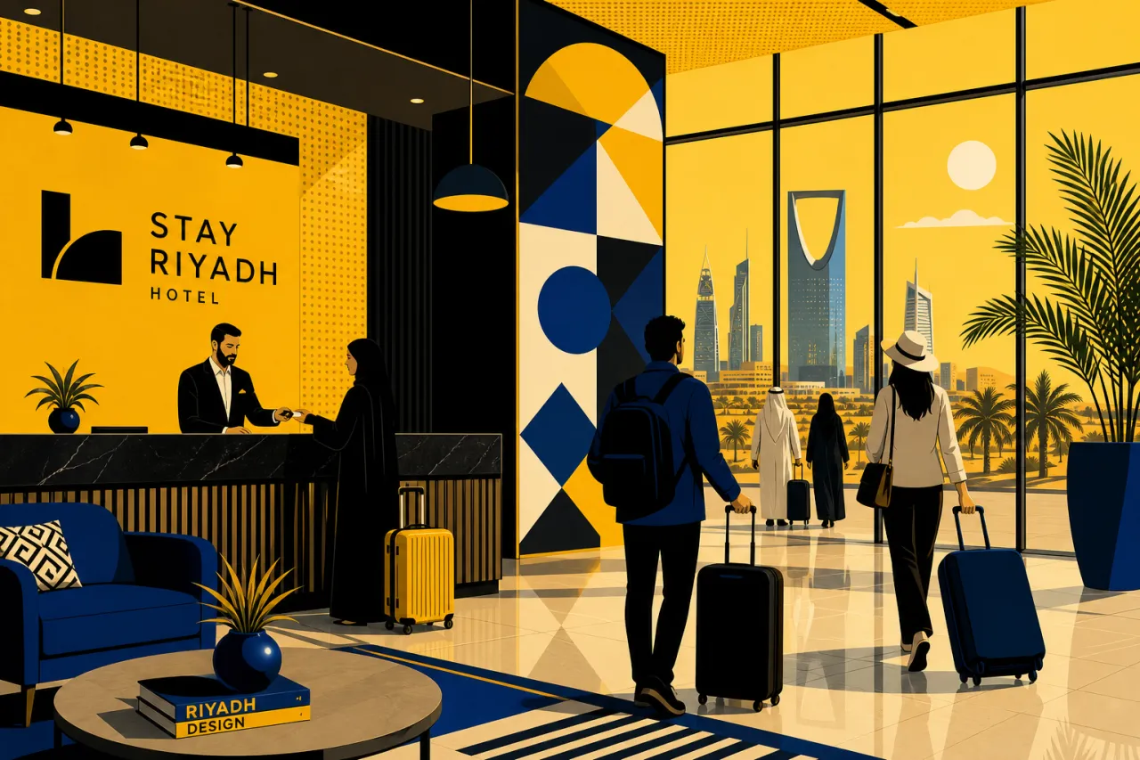 Modernes Mid-Market-Hotel-Lobby in Saudi-Arabien mit Reisenden beim Check-in, Wüstenstadt im Hintergrund