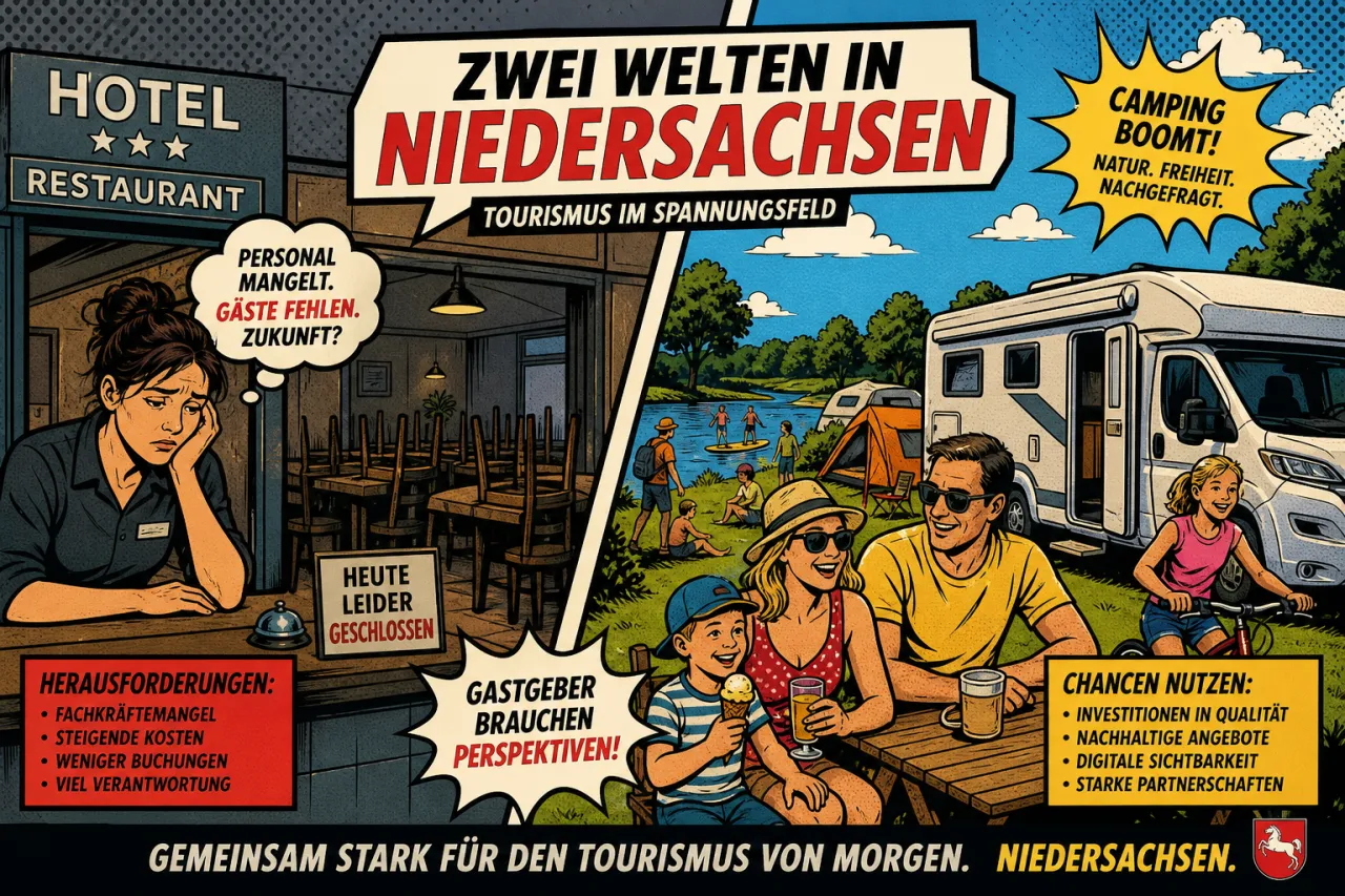 Restaurantterrasse und Campingplatz in Niedersachsen als Symbol für den Kostendruck im Tourismus