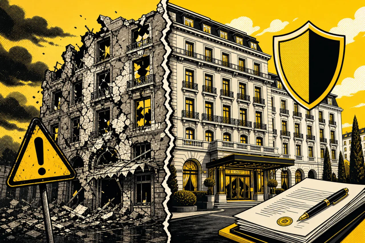 Hotelfassade, eine Hälfte intakt mit Vertragsdokumenten, die andere Hälfte rissig – Symbol für Pachtrisiko