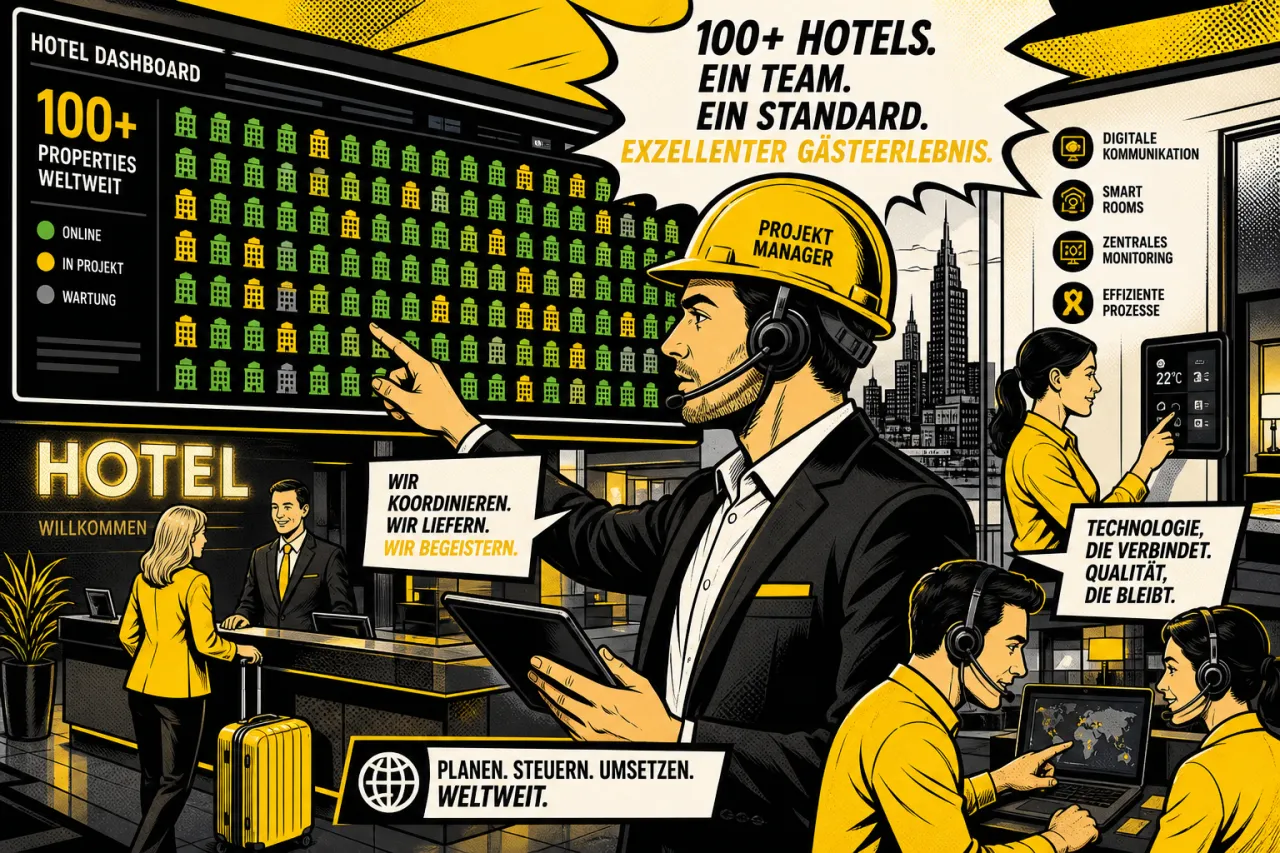 Projektteam koordiniert PMS-Migration in einem modernen Hotel-Kontrollraum mit Property-Dashboard
