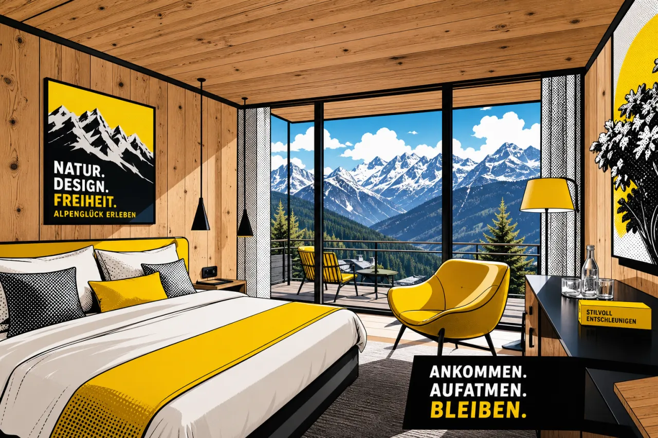 Modernes Hotelzimmer mit unbehandelten Holzwänden und Bergblick im Radisson RED Innsbruck