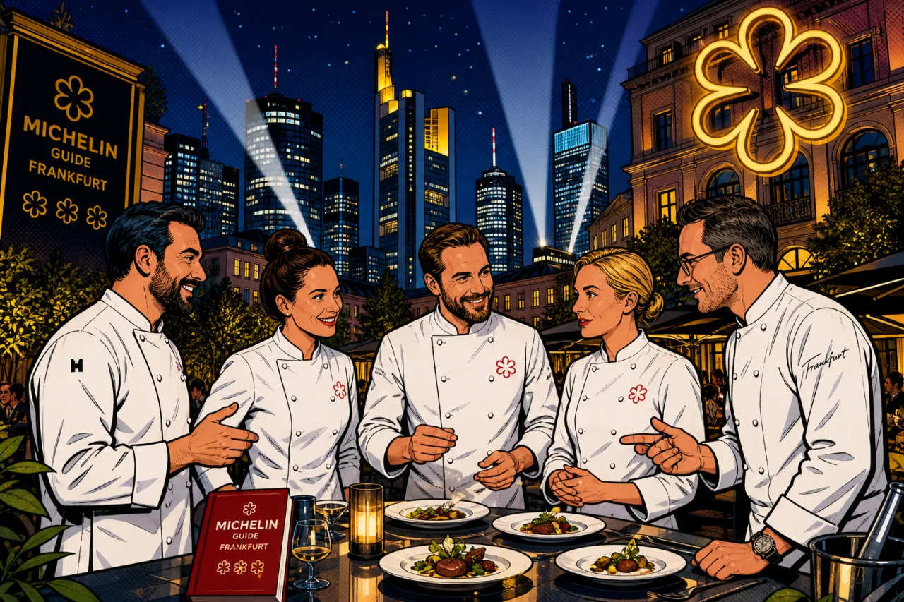 Fünf Köche im Innenhof eines Frankfurter Luxushotels bei einem Gourmet-Abend, stimmungsvolle Beleuchtung