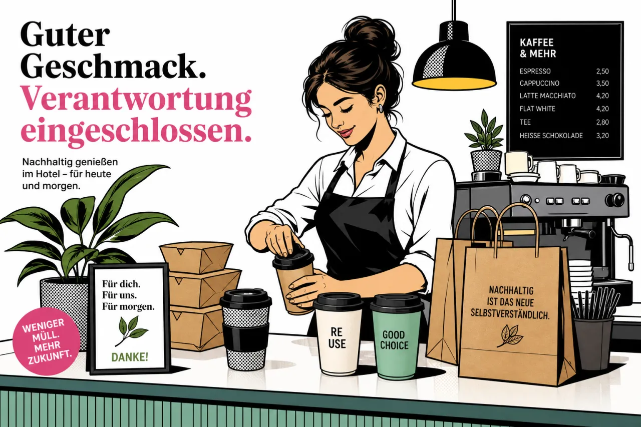 To-go-Becher, Mehrwegboxen und Snackverpackungen auf einem Tresen im Café