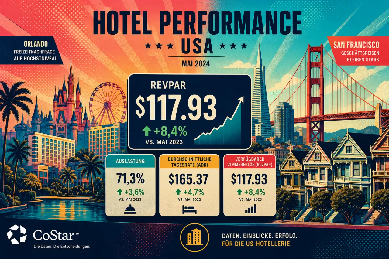 US-Hotellerie: RevPAR steigt auf 117,93 Dollar