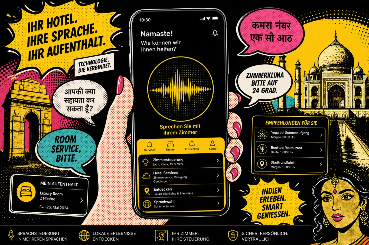Smartphone mit Sprachassistenten-Interface und Hindi-Schriftzeichen, umgeben von Reise-App-Elementen